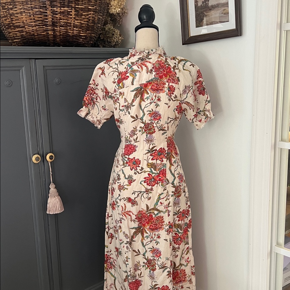 Pilcro by Anthropologie Floral Dress Beige Multi Ruffle Collar Button Lined - Picture 8 of 8